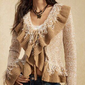 Brown Bohemian Women's Turndown Collar Fringe Cardigan